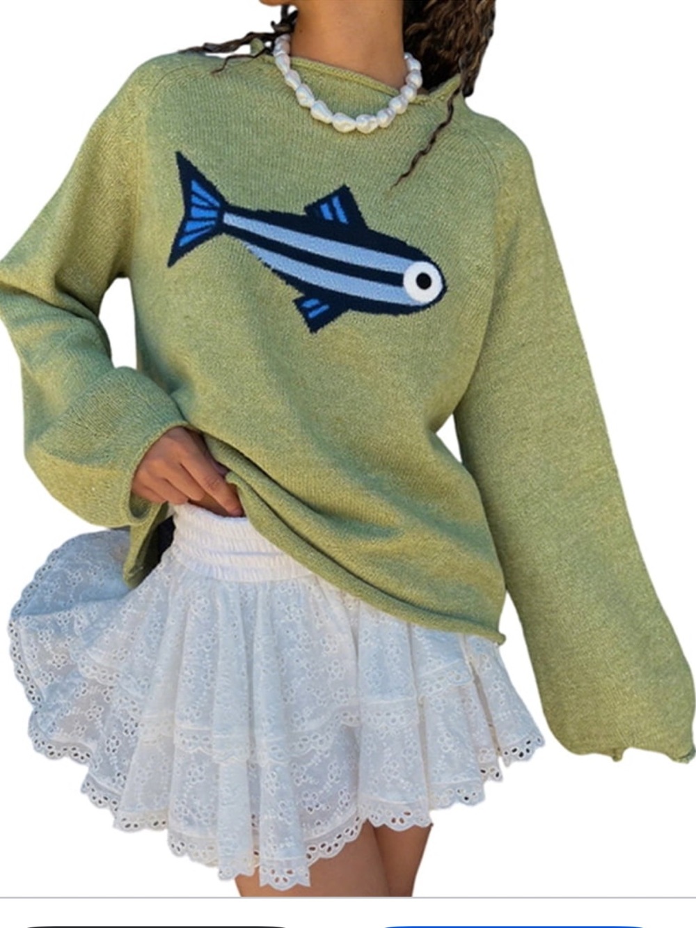 Cute Fish Graphic Rolled Neck & Hem Green Sweater Size Medium